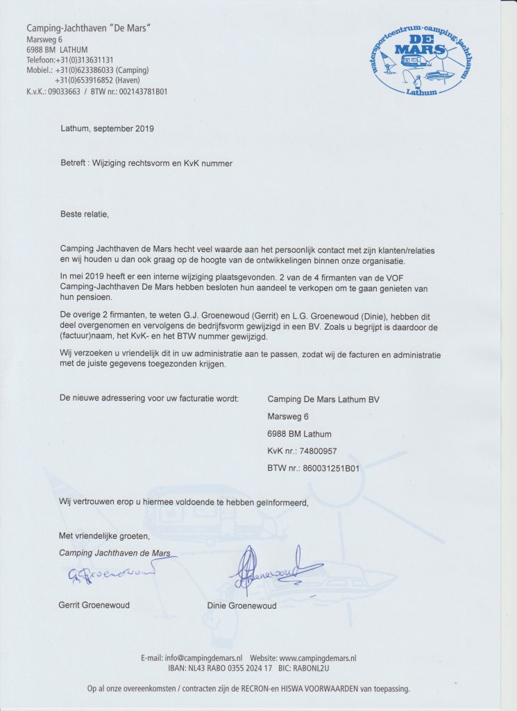 Camping De Mars - Rechtsvorm wijziging